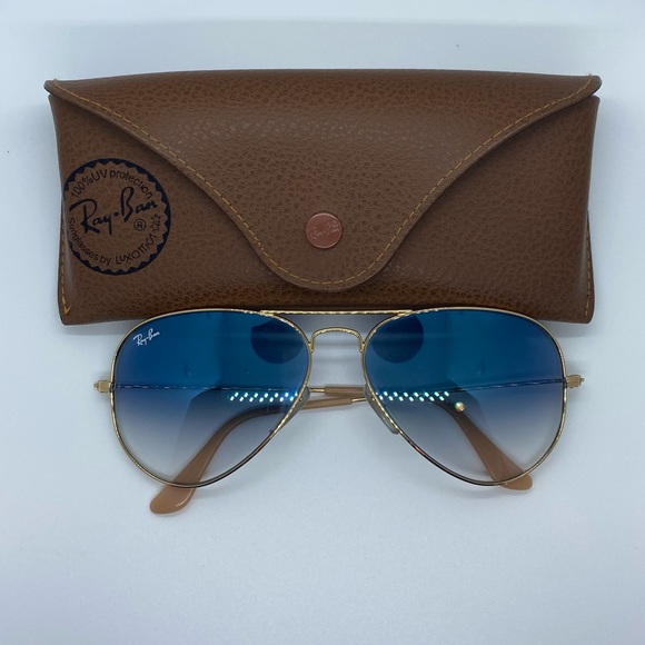 Ray Ban Aviator Blue Tan Gold - Picture 2 of 6